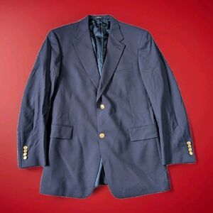 Hart Schaffner Marx Blazer Jacket Mens 42R Navy Blue Solid Wool Gold Buttons USA